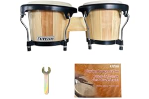Clifton Bongos Set Percussion instrument Drums for Beginners with Tuning Wrench and Learning book (6"+7" Natural color)