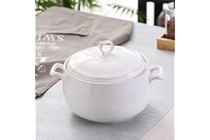 Ceramic Soup Tureen with Lid, 3L Large Capacity Serving Tureen with Double Handles, Porcelain, White with Gold Trim, Microwav