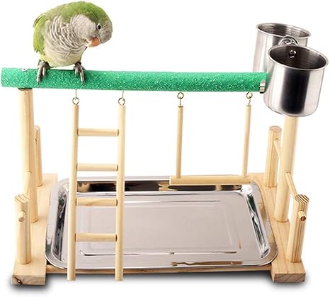 Amazon Co Jp 鳥の遊び台 手作りの木製のオウムの遊び場止まり木遊び場 おもちゃのスイングと給餌カップとステンレス鋼のトレイ ペット用品