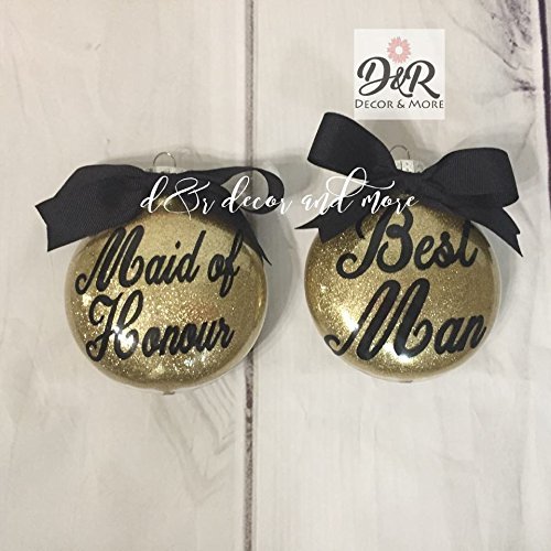 Monogram Glitter Custom MAID OF HONOR/BEST MAN with NAME, DATE OR YEAR on Back CHRISTMAS TREE Ornament - Personalized/Customized Hanging GIFT Idea - Safe Plastic - D&R Decor