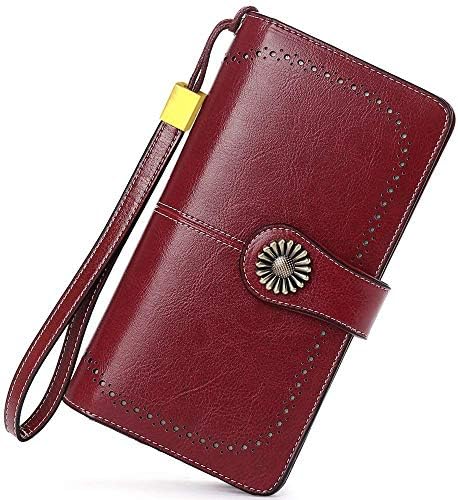 GOODFORALL Ladies Leather Purse Large Capacity Womens Wallets RFID Blocking with Wrist Strap and 26 Card Slots with Zip Pocket Coins Compartment(Wine red)