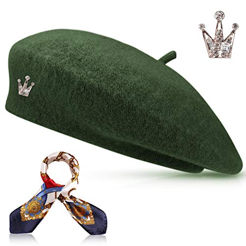 Wool Beret Hat Solid Color French Artist Beret with Skily Scarf and Brooch (Dark Green)