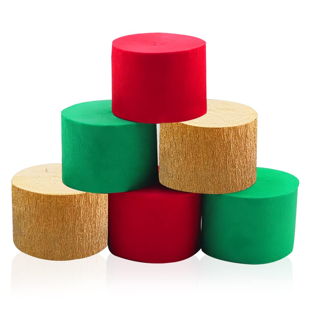 6 Rolls Christmas Party Crepe Paper Streamers, Red Green Gold Paper Streamers for Christmas Festival Party Decor-Christmas (25 m x 4.5 cm/Roll)