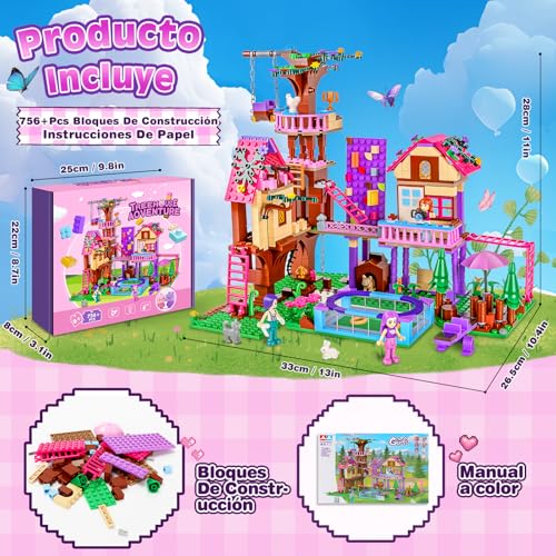 Charmofun Tree House Building Set, Tree House Building Set with 3 Characters and 4 Animals, Friends Friendship Tree House for Kids Ages 8 Years Old (Pink)
