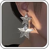 Jugielu Boho Exaggerated Double Star Earrings Silver Hammered Star Drop Earrings Large Star Dangle Earrings Textured Star Statement Earrings Jewelry for Women