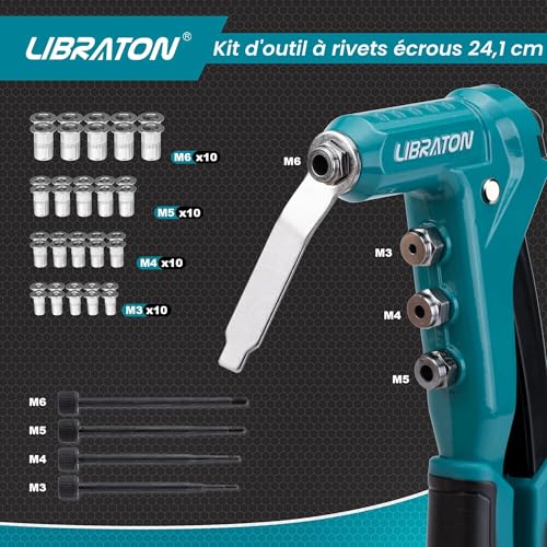Libraton Rivet Nut Pliers, Threaded Insert Pliers, 9.5 Inch Rivet Nut Tool, Threaded Rivet Kit with Nuts and Mandrels M3, M4, M5, M6, Manual Rivet Nut Gun