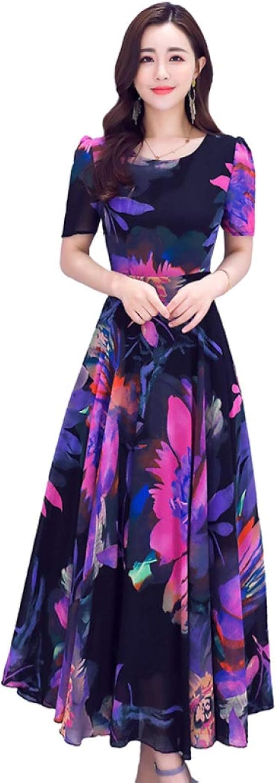 Amazon 花柄 ワンピース レディース 夏 大きいサイズ マキシ丈 Aライン シフォンワンピース 半袖 ハイウエスト ゆったり 着痩せ ヴィンテージ風 エレガント ドレス 旅行 ビーチ リゾート お出かけ 通勤 フォーマル 赤 パープル S 4xl ワンピース チュニック 通販