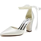 Jotwry Satin Wedding Shoes for Bride Block Heel Bridal Shoes Pointed Toe Pearl Wedding Heels