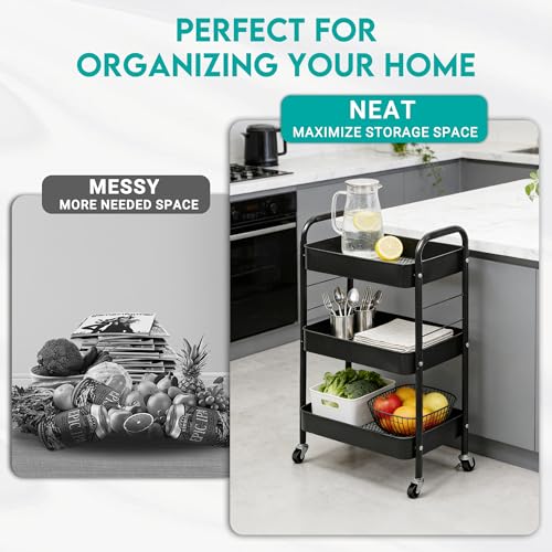 ZOESTORAGE 3 Tier Rolling Cart Metal Storage Cart with Wheels for Home, Bathroom, Kitchen, Laundry, Office and Rolling Cart Kitchen for Books, Vegetables and Snacks, Black