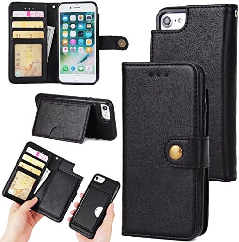 iPhone7 Detachable Case,Zmiq Removable Wallet Phone Case,Double Layer Shock Absorbing Premium Soft PU Color Matching Leather Wallet Cover Flip Cases For iPhone7 iPhone8 (Iphone7 Black EHY)