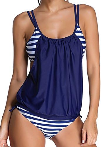 SUMEI Women's Beach Sexy Stripe Lined Double Up High Waists Two Pieces Swimsuits ((US 30-32) 5XL, Navy Blue)