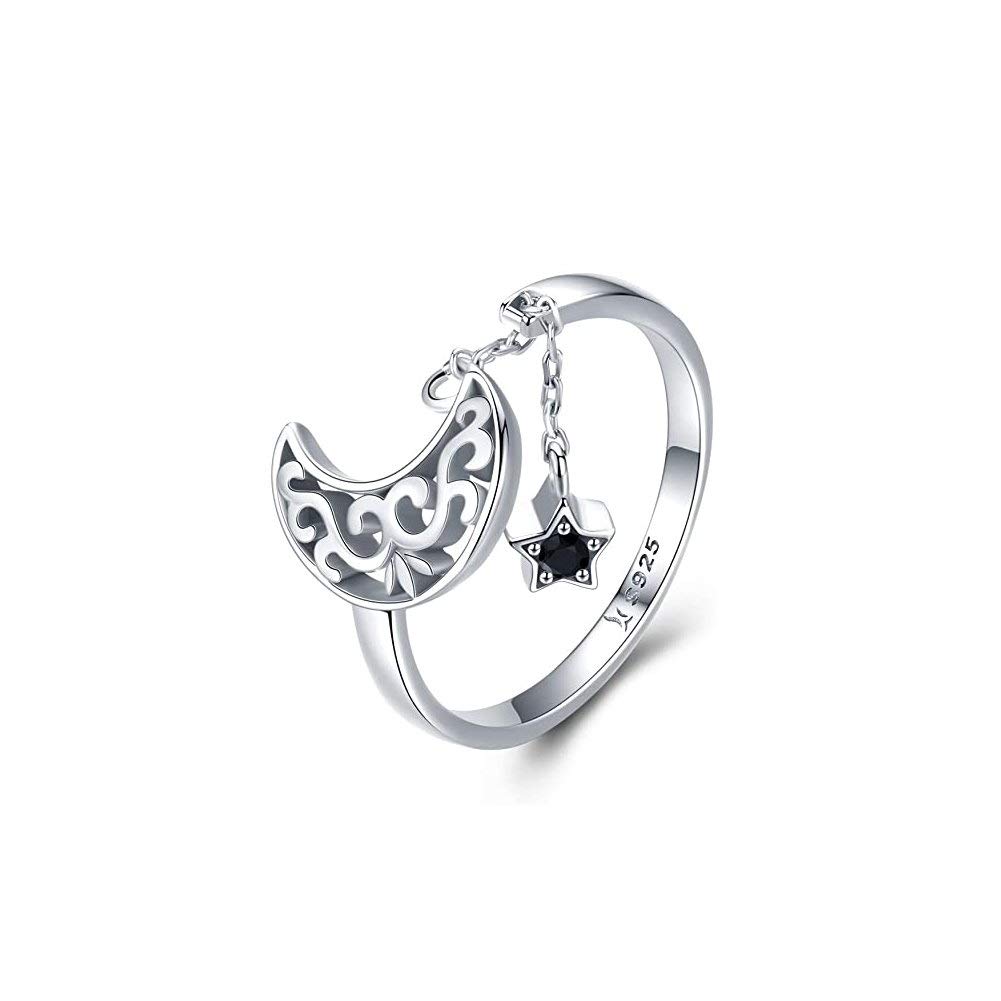 Cresent Moon and Star Band Rings Sterling Silver CZ Adjustable Tassel Chain Wedding Engagement Ring for Women Girls