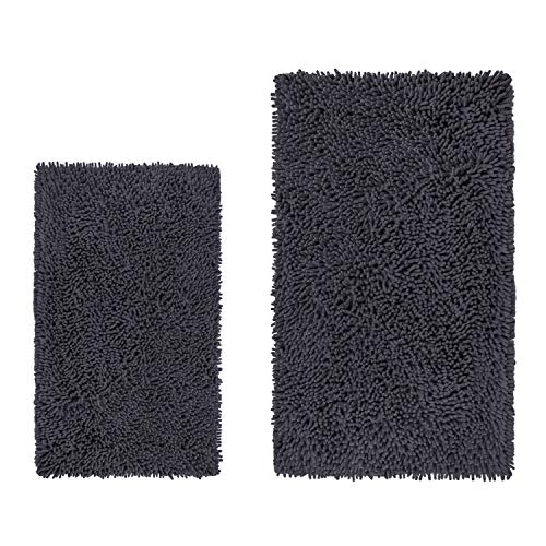 LuxUrux 2 Peice Bathroom Rug Mat Set. Extra-Soft Plush Bath Shower Bathroom Rug + Toilet Mat,1'' Chenille Microfiber Material, Super Absorbent Shaggy Carpets.(Rectangular Set, Charcoal Gray)
