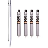 YYMIYU 0.9 MM Low Center Of Gravity Automatic Mechanical Pencil, Metal Texture Pen (Silver) +4 Boxes Of 0.9MM Lead