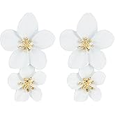 Large Double Flower Earrings Boho Metal floral Stud Earrings Drop Dangle Earrings for Women Statement Wedding Holiday Jewelry (White)