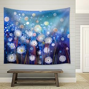 Abstract Oil Painting White Flowers Field in Soft Color. Oil Paintings White Dandelion Flower in The Meadows - Fabric Wall Tapestry Home Decor - 51x60 inches