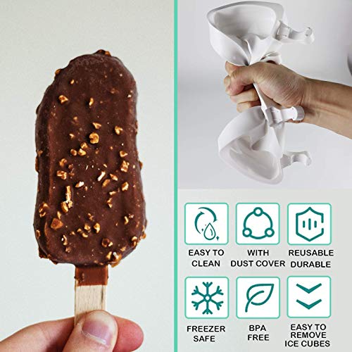 FADIKX 2 Pcs Silicone Popsicle Molds, Silicone Funnel Homemade Ice Cream Mold with 4 Cavities 50 Wooden Sticks & 2 pcs Wooden Hammer for DIY Ice Cream Cake