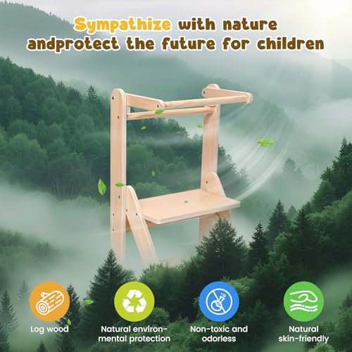 Folding Learning Tower, Observation Tower for 1-5 Year Old, Montessori Learning, Natural Wood Kitchen Helper, Safe and Easy to Assemble (50kg Capacity)