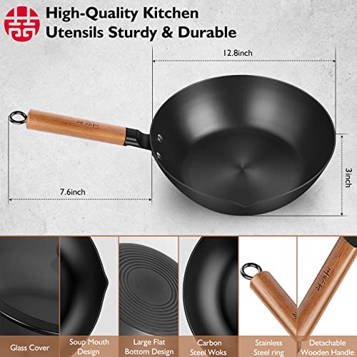 WANGYUANJI Carbon Steel Wok Pan, 11" Flat Bottom Woks and Stir Fry Pans