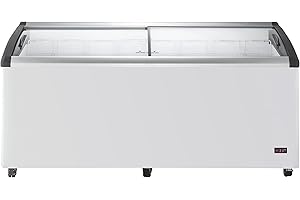 Duura Commercial Mobile Ice Cream Display Chest Freezer Sub Zero Temp Curved Glass Top Frost Free Lid with 8 Wire Baskets, 71.7 Inch Wide 21.2 Cubic Feet, White