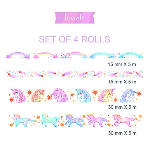 lovielf Unique Design Watercolor Unicorn Gold Foil Glitter Feather Rainbow Washi Tape Set of 4 Rolls – Planner Decorative DIY Japanese Masking Adhesive Sticky Paper Washi Tape Set