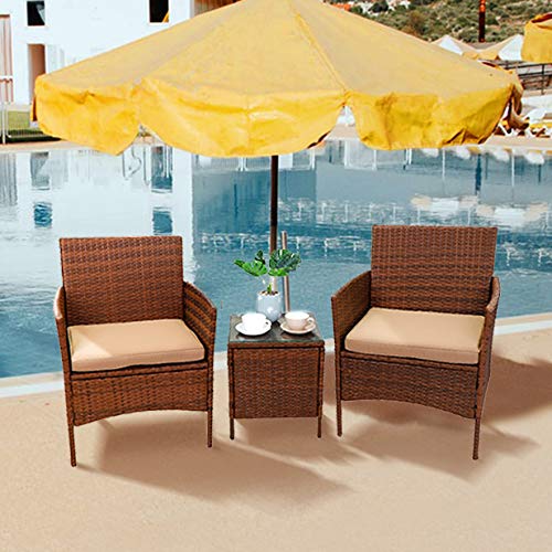 Oteymart 3 Pieces Outdoor Furniture Wicker Rattan Conversation Set 2 Club Chairs with Coffee Table Modern Bistro Set for Yard or Backyard Garden PE Patio Furniture (Brown)