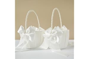 ATAILOVE 2 Pcs Wedding Flower Girl Baskets with Cute Pearl Handle Bowknot Satin Flower Baskets for Wedding Ceremony, Ivory