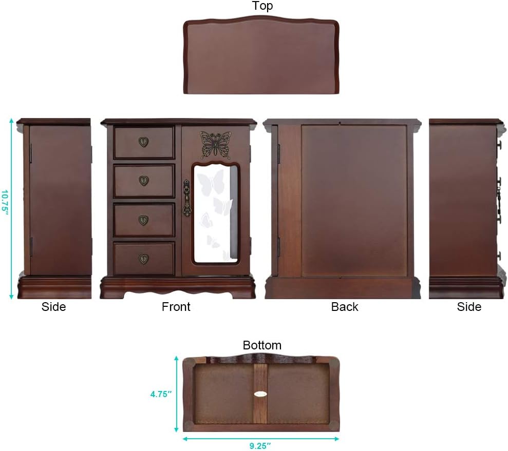 Solid Wooden Jewelry Box Makeup and Organizer Women Ring Storage with 4-Drawers Built-in Necklace Carousel and Mirror Brown: Home Improvement