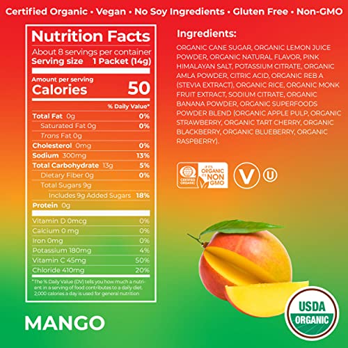 ORGAIN ORGANIC HYDRATION PACKETS, ELECTROLYTES POWDER – MANGO HYDRO BOOST WITH SUPERFOODS, VEGAN, GLUTEN-FREE, NO SOY INGREDIENTS, NON-GMO, LESS SUGAR THAN SPORTS DRINKS, 8 COUNT