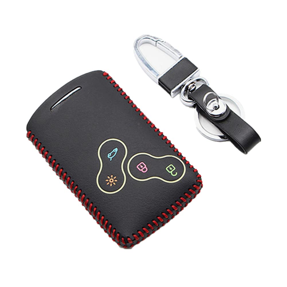 Happyit Leather Car Key Cover Cases Keychain for Renault Clio Scenic Megane Duster Sandero Captur Twingo koleos 4 Buttons Remote Control (Red line)
