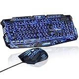 Backlit Gaming Keyboard and Mouse, BAVIER Laser Carving Characters Keyboard,Wired Backlighting Keyboard,114keys Ergonomic Keyboard, Adjustable Backlight Red Purple Blue and Crack Backlit (Black)