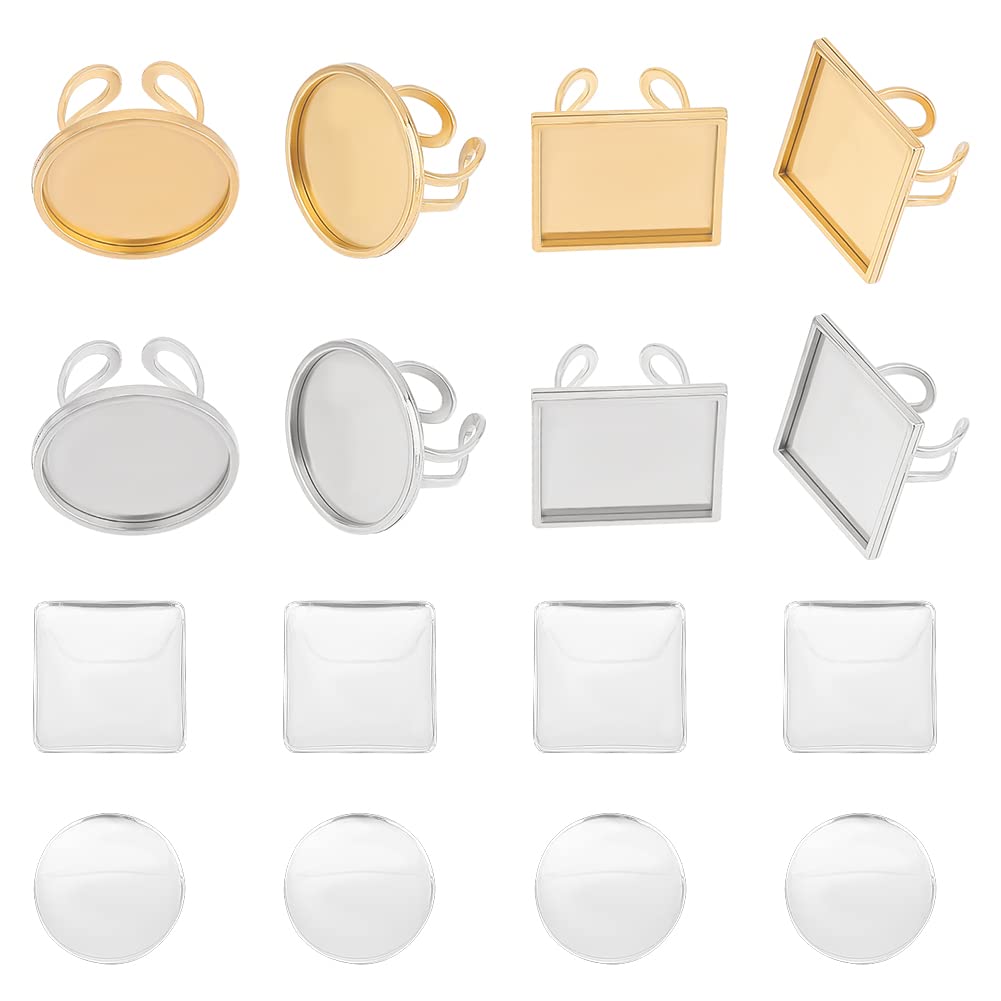 UNICRAFTALE 8 Sets DIY Cuff Ring Making Kit 2 Colors Square Round Open Cuff Ring Bezel Tray US Size 7~8 201 Stainless Steel Blank Cabochon Ring Bases with Glass Cabochons Domes Set for Ring Making