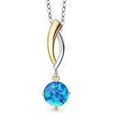Gem Stone King 925 Silver and 10K Yellow Gold Simulated Blue Opal Pendant Necklace for Women | 0.30 Cttw | Gemstone October Birthstone | Round Cabochon 6MM | With 18 Inch Silver Chain