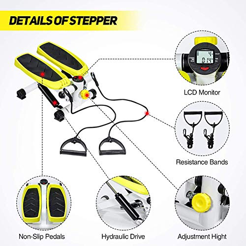KENL-Stepper-Stair-FitnessMini-Stepper-Fitness-Cardio-Exercise-TrainerHeight-Adjustable-Stepper-Twisting-MachineStepper-Exercises-Equipment-LCD-Monitor-and-Resistance-Bands-Women-ManYellow