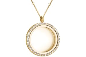 MESINYA Living Memory Floating Locket 316L S.Steel Toughened Glass Locket Necklace W/Chain (30MM -Gold -Crystal-Magnet Closur