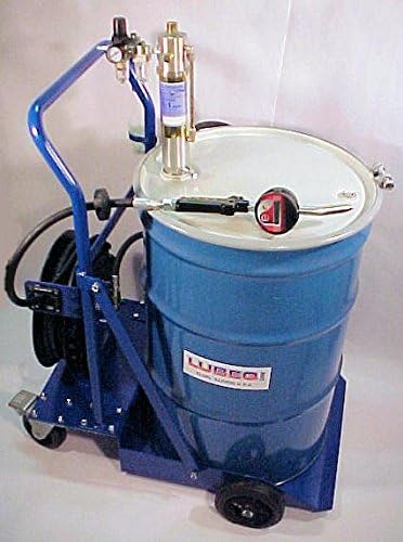 Lubeq 19348 201 Air-Operated Air Oil Pump Set, 5:1 Pump, Hose Reel with 25 ft hose, Flow Meter, Heavy Duty Hand Truck for 55 gal drums