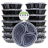 Freshware 15-Pack 9-Inch Round 3 Compartment Bento Lunch Boxes with Lids - Use for Meal Prep, Portion Control, 21 Day Fix, and Food Storage Containers (32oz)