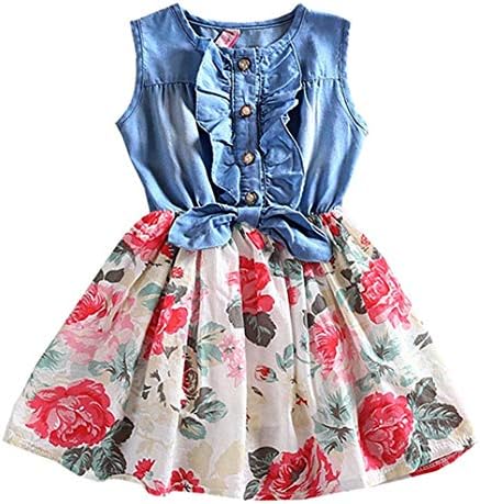 Tkiames Little Girls Easter Dress Spring Summer Dress Denim Floral Swing Skirt with Belt Girls Fashion Tutu Dress