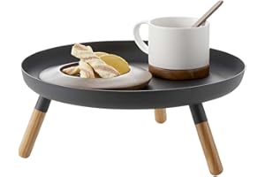 Yamazaki Home Plain Metal Pedestal Table Tray with Wooden Legs for Countertop Or Floor, Holds Fruit, Plants, Tea, Steel + Wood