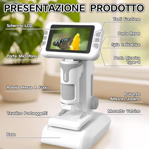 Charmofun Children's Microscope, Digital Microscope with 64GB Memory Card, Portable Microscopios for Children with 4 Inch LCD Screen, 1600X Magnification, Photo and Video, Portable and Fixed Function