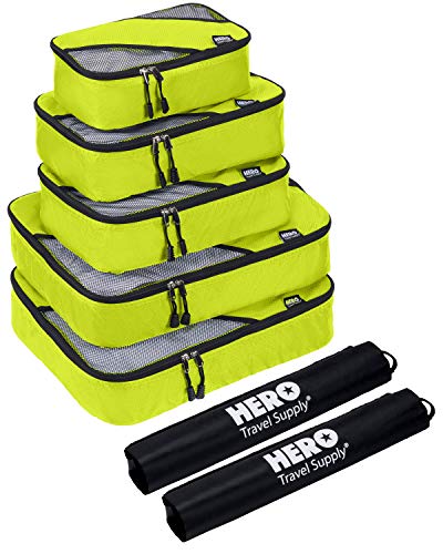 HERO Packing Cubes (5 Set) - Travel Organizers with 2 Bonus Laundry Bags - Includes Ebook on How To Pack A Suitcase by Asher & Lyric