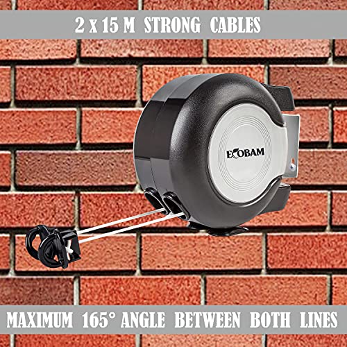 EcoBam Retractable Reel Washing Lines, Wall Mounted Laundry Drying Double Clothes Line, Heavy Duty Dual Clothesline Dryer Indoor Outdoor, 30m (2 x 15m), Black, PVC Wire