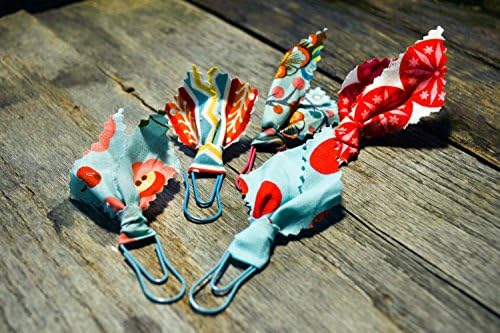 set of 5 planner clips - accented with assorted aqua blue and red designer fabric rags - blue pink white clips - book markers for your journal or Bible
