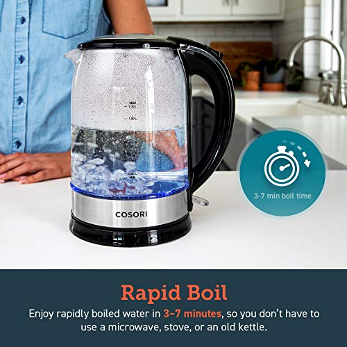 COSORI 1.7L Electric Kettle with Upgraded 100% Stainless Steel Filter,Inner Lid & Bottom,Glass Water Boiler & Tea Heater with LED Indicator, Auto Shut-Off&Boil-Dry Protection, BPA Free,2 Year Warranty