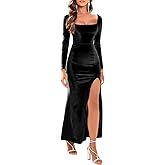 LAGSHIAN Women's Velvet Long Sleeve Bodycon Maxi Dress Square Neck High Waist Slit Party Long Dresses