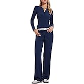IUK Women’s 2 Piece Sets 2025 Fall Outfits Henley Long Sleeve Top & High Waist Wide Leg Pants Lounge Tracksuit Travel Outfit