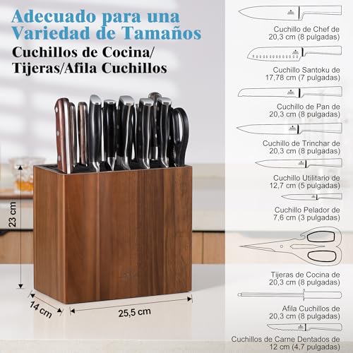 ENOKING Acacia Wood Kitchen Knife Holder, Universal Kitchen Knife Holder with Plastic Lid, Knife Holder for Knives and Scissors/Sharpening Rod