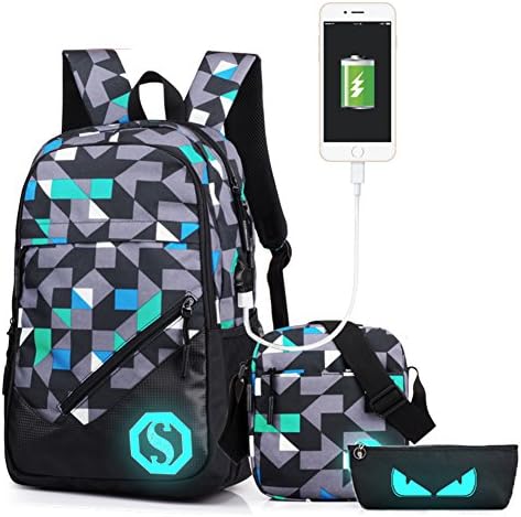 Teens Backpack 3 in 1 Schoolbag Lightweight School BookBag Pencil Bag &amp; Shoulder Bag with Florescent Mark Travel Daypack for Boys Girls