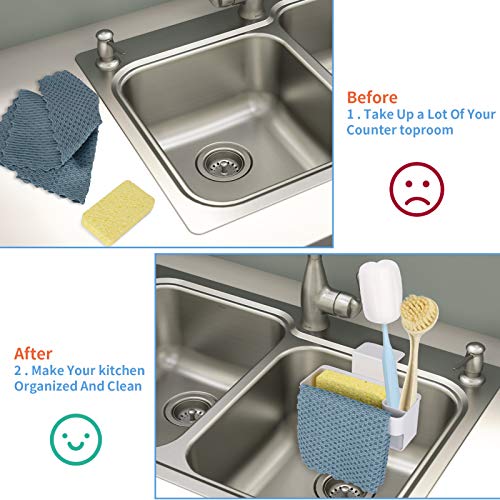 Sponge Holder for Kitchen Sink, with Holder for Sponges and Cleaning Supplies, 3-in-1 Multifunctional sponge caddy and Dish Cloth Hanger, for Kitchen, Bathroom, Soap Box Organizer with Suction Cups