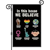 JMYROG In This House We Believe Garden Flag, Funny Love is Love Flags for Outside, BLM Equality Ally Double Sided Outdoor Yard Sign, Pride Month Human Rights Decor Banner, Equal Feminism Garden Banner